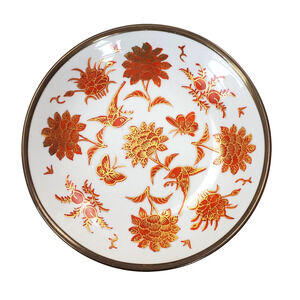 Vintage ACF Japanese Porcelain Ware Pewter Clad 7.5" Enamel Bowl Orange Floral